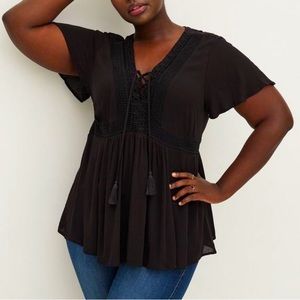 Torrid Babydoll Crinkle Gauze Crochet Inset Lace-Up Top